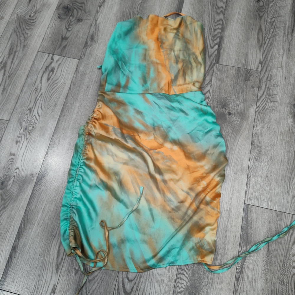 Fashion Nova Strapless Dress in Teal and Orange